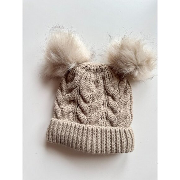 BABY GAP Beige Acrylic Cable Knit Pom Pom Beanie Toque Hat, Toddler Size M/L - Picture 3 of 9